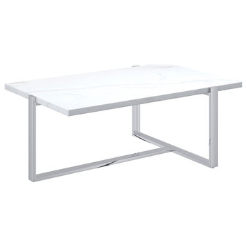 Granite and Paper Veneer and Metal Rectangular Coffee Table, White and Silver