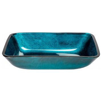 Rectangular Turquoise Blue Foil Glass Vessel Sink for Bathroom, 18 X 13 Inch
