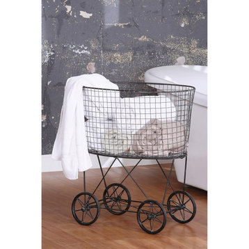 Vintage Metal Laundry Basket With Wheels, Black
