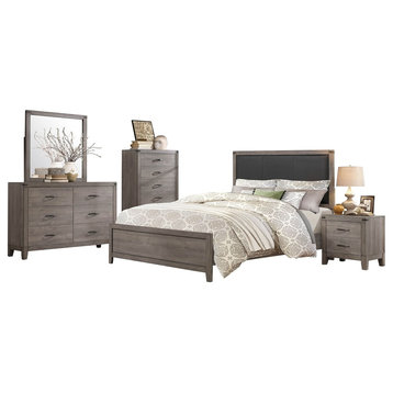 5-Piece Wademan Industrial Queen Bed, Dresser, Mirror, Nightstand, Chest Gray