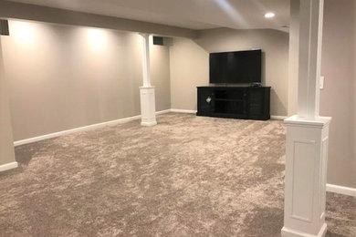 Photo of a traditional fully buried basement in Cleveland with beige walls, carpet and beige floor.
