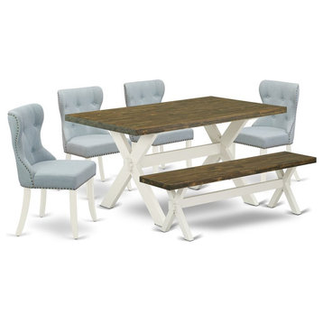 East West Furniture X-Style 6-piece Wood Dining Table Set in White/Baby Blue