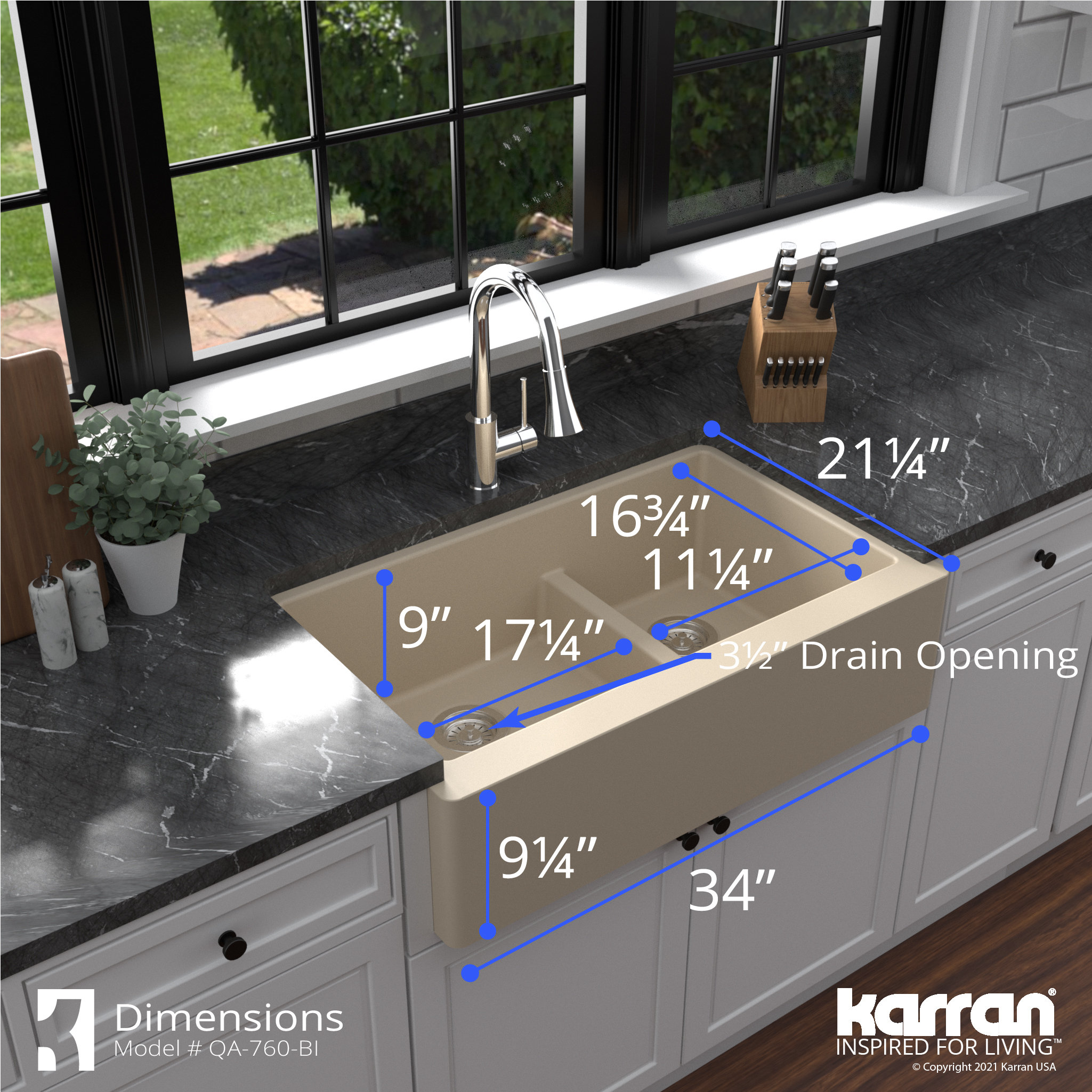 Karran Farmhouse Quartz 34" Double Offset Bowl Sink Kit, Bisque