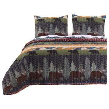 3 Piece King Size Quilt Set With Nature Inspired Print, Multicolor