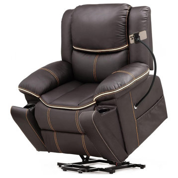Electric Lift Recliner, PU Leather With Phone Holder & Hidden Cup Holders, Brown