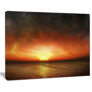 Fiery Sunset Beach under Cloudy Sky, Modern Seashore Canvas Art, 20"x12"