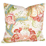 Studio Design Interiors - Holsworthy Too Moyen 90/10 Duck Insert Pillow With Cover, 20x20 - Printed on a soft natural linen, beautiful flowers in red, and peach, and soft butter yellows spring from aqua vines in this open and airy garden motif.  Finished with an extreemly soft raw silk back in natural. Exceptional.