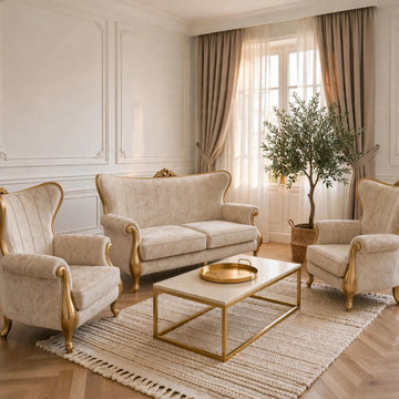 Custom Solid Teak Wood Upholstered Sofa | Elegant French Traditional Living Room