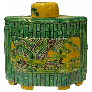 Chinese Yellow Green Scenery Theme Rhombus Ceramic Jar Hws1799
