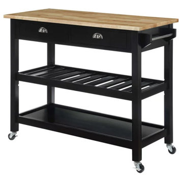 Classic Kitchen Cart, Butcher Block Top & Drawers With Curved Pulls, Black