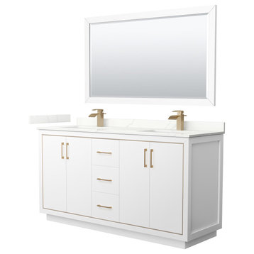 Icon 66" Double Vanity, Quartz Top, 1-Hole, Bronze Trim, 58" Mirror
