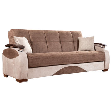 Modern Sleeper Sofa, Soft Microfiber Seat & Elegant Curved Wooden Arms, Brown