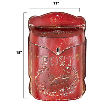 Embossed Tin Post Box, Distressed Finish, Red