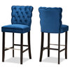 Navy Blue Velvet Fabric and Dark Brown Finished Wood Bar Stools, Set of 2