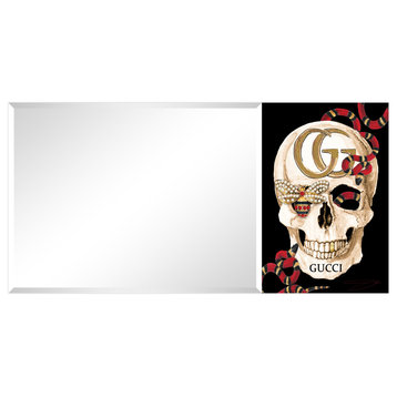 Beveled Wall Mirror on Free Floating Tempered Glass 24"x48", Gg Skull
