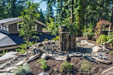 This is an example of a mid-sized modern backyard partial sun garden in Seattle with a water feature and concrete pavers.