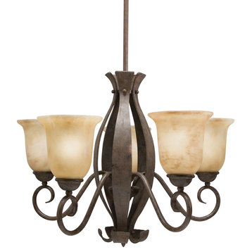 Aged Bronze Iron and Sunset Amber Glass 5-Light Chandelier