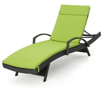GDF Studio Solaris Outdoor Gray Wicker Armed Chaise Lounge With Cushion, Green