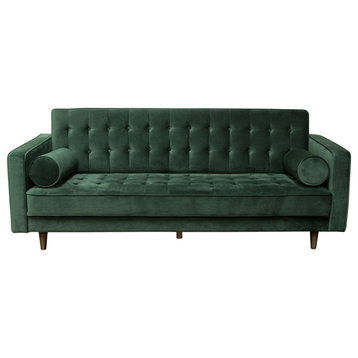 Juniper Tufted Sofa, Hunter Green Velvet With 2 Bolster Pillows