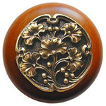 Notting Hill Decorative Hardware - Ginkgo Berry Wood Knob, Antique Brass, Cherry Wood Finish, Antique Brass - Projection: 1-1/8"