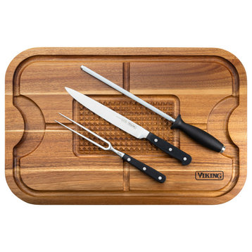 Viking Oversized Acacia Carving Board With 3-Piece Carving Set