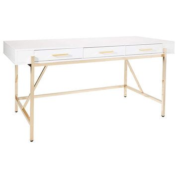 Modern Large Desk, Elegant Metal Frame With 3 Drawers, High Gloss White/Gold