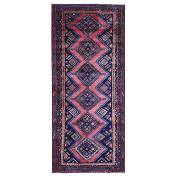 Pink New Persian Hamadan Wide Runner Pure Wool Hand Made Oriental Rug, 3'7"x8'7"
