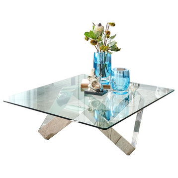 Abstract Silver Ribbon Coffee Table, Twisted Square Glass Top Sculpture