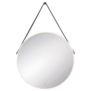 Modern Round LED Edge Lit Wall Mounted Mirror Leather Strap and Touch Sensor