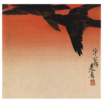"Crows Fly by Red Sky at Sunset, Hana Kurabe, 1880" Paper Art, 46"x44"
