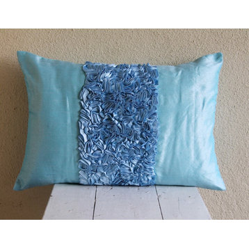 12"x26" Ribbon Embroidered Sky Blue Silk Lumbar Pillow Cover - Sky Blue Love