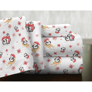Pointehaven 175 GSM Cotton Flannel Sheet Set, Penguin, Twin
