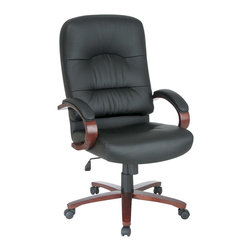 Leather High Back Office Chair with Cherry Finish Wood Base - Office Chairs