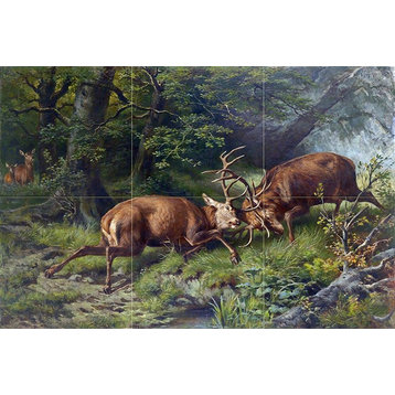 Tile Mural Landscape Fighting Deer in the Forest, Ceramic Matte