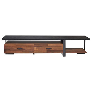 Benzara BM191409 Metal Framed Wooden TV Stand Straight, Black and Brown