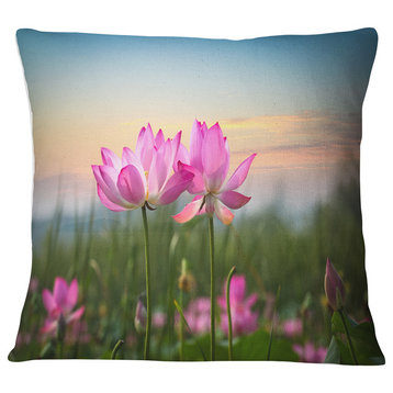 Blooming Lotus Flowers at Sunset Floral Photo Throw Pillow, 18"x18"