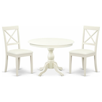 3 Pc Dining Set, Linen White Wood Table, 2 Linen White Faux Leather Chairs