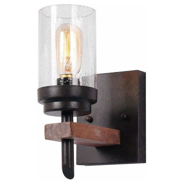 Vintage Industrial Seeded Glass & Wood Wall Sconce