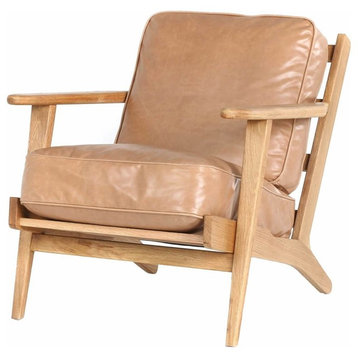 Mid-Century Modern Oak Brooks Tan Leather Lounge Armchair