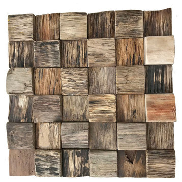 11 7/8"Wx11 7/8"Hx1/2"P Reclaimed Boat Wood Mosaic Wall Tile, Natural Finish