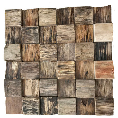 11 7/8"Wx11 7/8"Hx1/2"P Reclaimed Boat Wood Mosaic Wall Tile, Natural Finish
