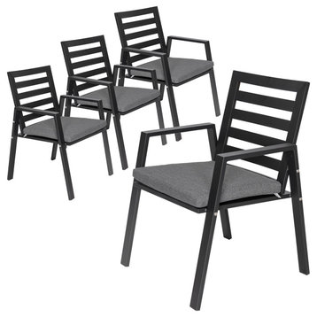 LeisureMod Chelsea Patio Dining Armchair, Aluminum With Cushions Set of 4, Black