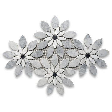 Carrara Marble Wild flower Rain Flower Waterjet Tile Gray Black Polish, 1 sheet