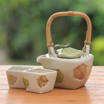 Handmade Hibiscus Leaves  Stoneware tea set (set for 2) - Indonesia