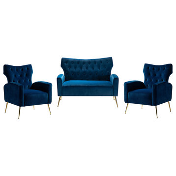 Contemporary 3 Piece Living Room Set With Wingback Design, Navy