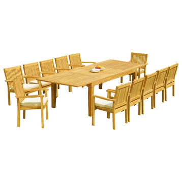 13-Piece Outdoor Teak Dining Set 122" Rectangle Table, 12 Lev Stacking Arm Chair