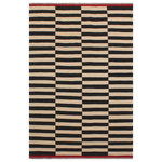 Bareens Designer Rugs - Contemporary Turkish Kilim Jennefer Hand-Woven Wool Rug -5'9'' x 8'0'' - Elevate the elegance of your home with this stunning hand-woven tribal Kilim wool rug. Meticulously crafted on a loom by the Nomad Turkman people using hand-spun wool and 100% natural vegetable dyes, these rugs are recognized for their repetitive geometric patterns, incorporating naturalistic floral and traditional designs. The contemporary fashion palette results in bold, sharp patterns that are incredibly versatile, as the pattern is the same on both sides. These reversible rugs feature a lighter shade on one side and brighter colors on the other, providing versatility according to preference. These unique rugs are made by knotting short strands of different colors onto the warps and securing them by tightly pressing the wefts. The designs are created by interweaving the various colored wefts and warps. Kilims are known for their exceptional durability and versatility, making them truly unique rugs.  Product Details    Rug Size: 5'9'' x 8'0''  Material: 100% Wool  Style: Kilim, Flat Weave, Dhurrie, Turkish, Southwestern, Rustic, Tribal  Colors: Beige, Black  Weave Type: Hand-Woven, Handmade  Pile Height: Less than 0.25 inch