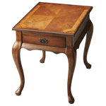 Butler Specialty Company - Grace 1-Drawer End Table, Medium Brown - This Queen Anne inspired end table is a tribute to the elegant homes of early America. Crafted from select solid woods and wood products, it features a matched cherry veneer top framed within olive ash burl veneers with maple and walnut veneer linen fold inlaid designs at each corner. Drawer with antique brass finished hardware.