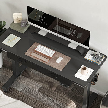 Electric Desk, Rectangular Top With Adjustable Height and Spacious Drawers, Blac
