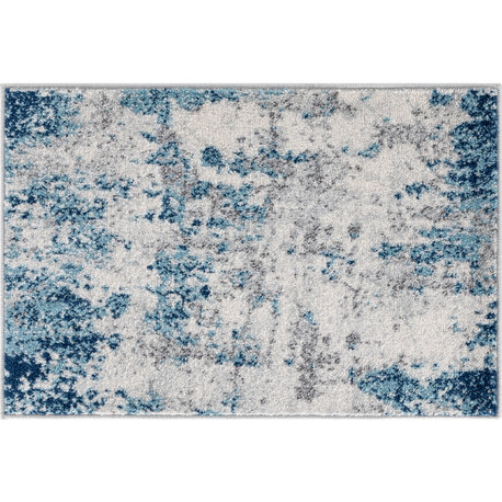 Spokane Contemporary Abstract Blue & Cream Scatter Mat Rug, 2'x3'